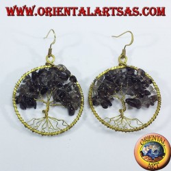 Pendientes de cobre amarillo de oro, árbol de la vida con topacio ahumado
