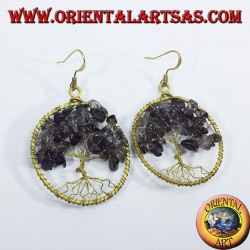 Pendientes de cobre amarillo de oro, árbol de la vida con topacio ahumado