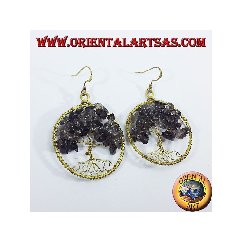 Goldene Ohrringe aus Messing, Baum des Lebens mit Rauchtopas