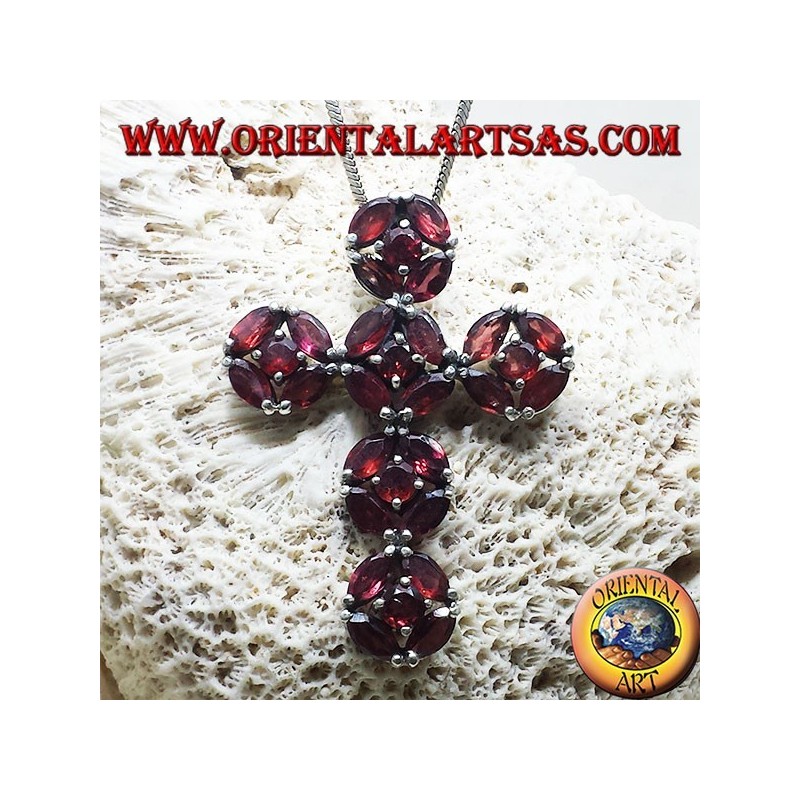 silver pendant, cross with garnets