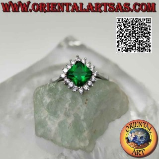 Solitaire silver ring with square rhomboid synthetic emerald set surrounded by white zircons