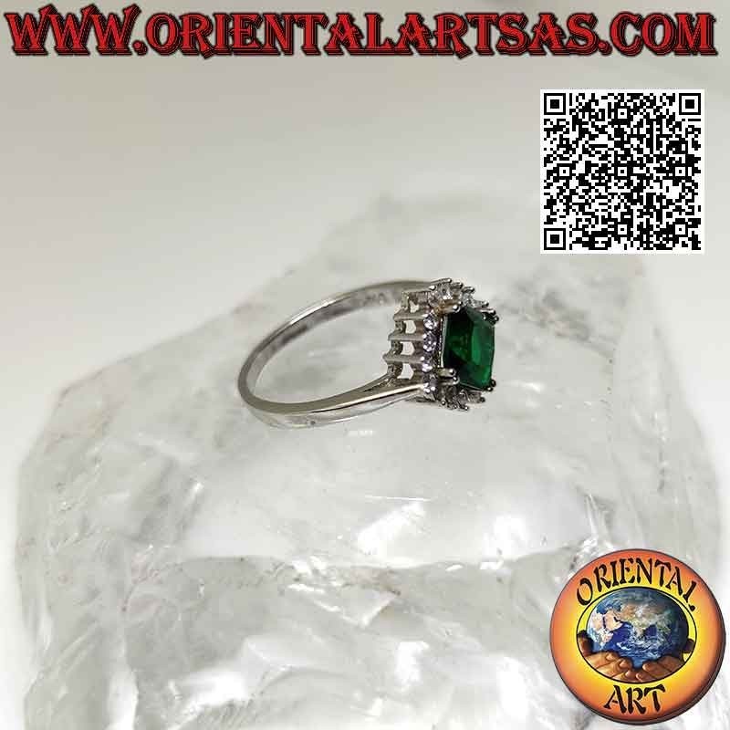Solitaire silver ring with square rhomboid synthetic emerald set surrounded by white zircons