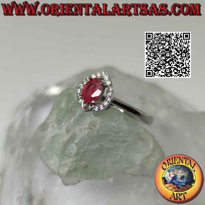 Heart solitaire silver ring with crown with natural oval ruby and zircons