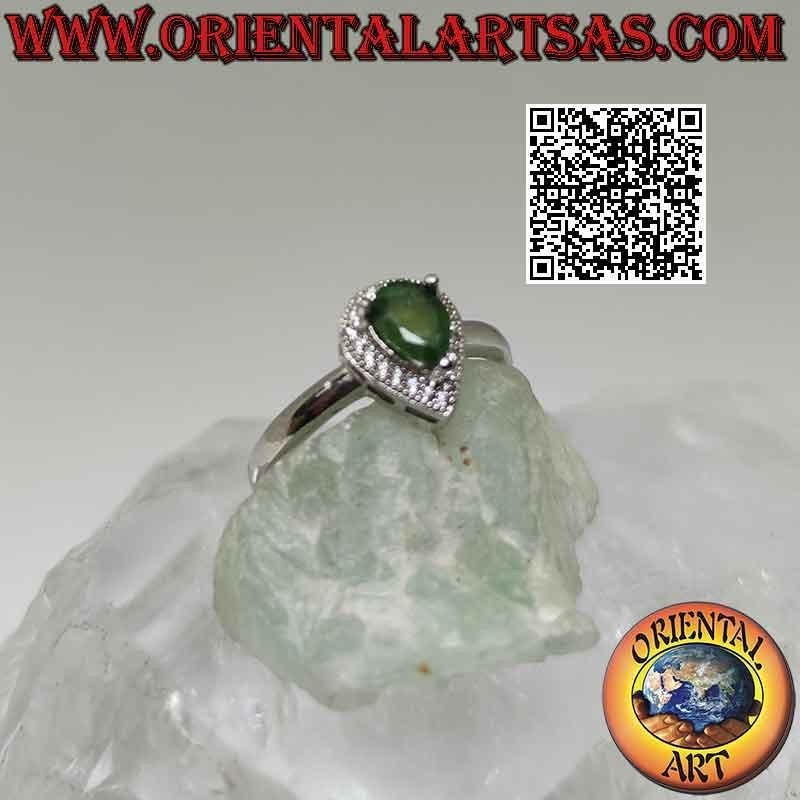 Solitaire silver ring with natural high drop emerald set surrounded by zircons