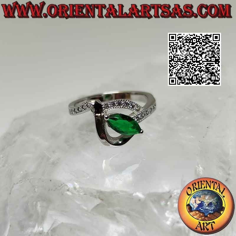 Silver ring with synthetic shuttle emerald set between two intertwined lines (smooth and with zircons)