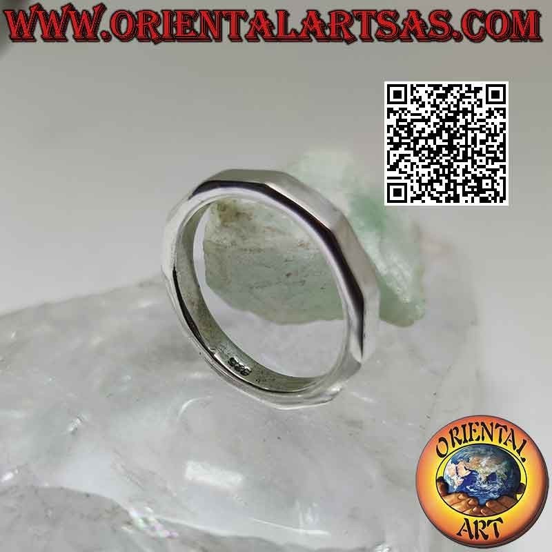 Anello in argento liscio a fascia decagonale con interno tondo