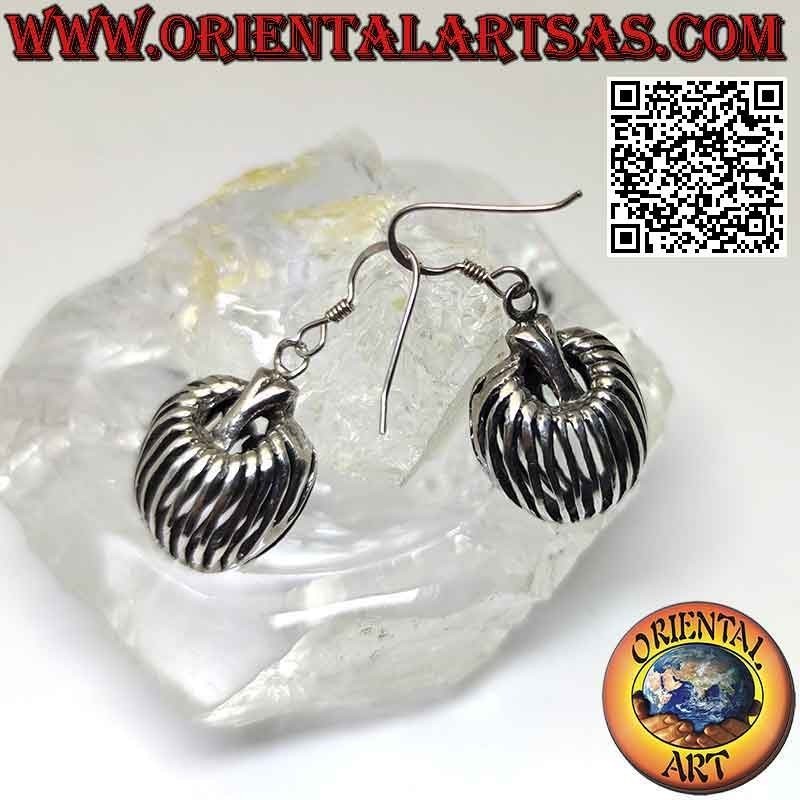 Silver leverback earrings with striped and perforated pendant bag