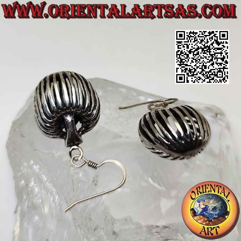 Silver leverback earrings with striped and perforated pendant bag