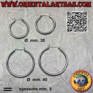 Orecchini in argento, cerchi lisci semplici da 3 di spessore da 30 mm Ø a 40 mm Ø (leva)
