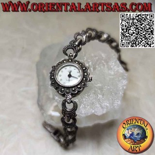 Reloj redondo de cuarzo en plata 925 ‰ con correa anular tachonada de marcasita y circonitas en la esfera