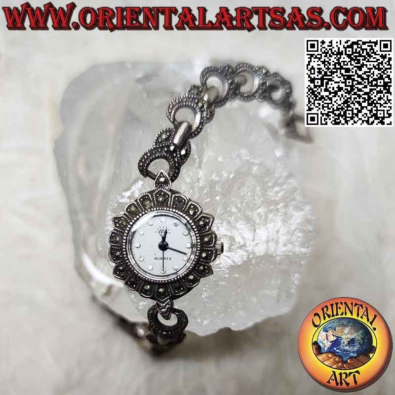 Runde Quarzuhr in 925 ‰ Silber mit Markasit besetztem Ringband und Zirkonia auf dem Zifferblatt