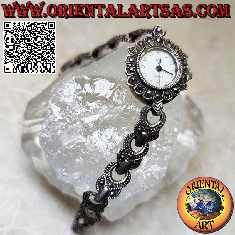 Round quartz watch in 925 ‰ silver with ring strap studded with marcasite and zircons on the dial