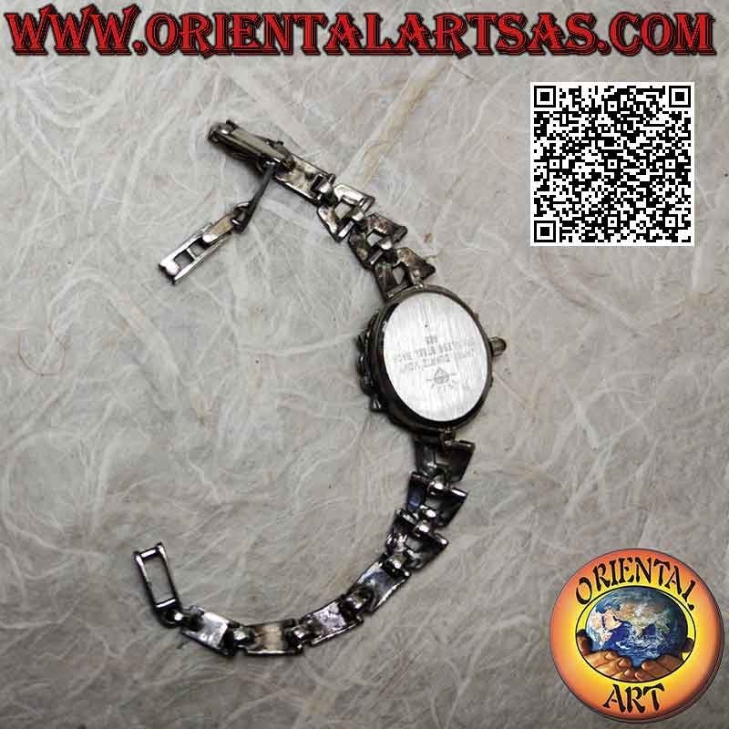 Round quartz watch in 925 ‰ silver with trapezoidal strap studded with marcasite and zircons on the dial