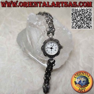 Montre ronde à quartz en argent 925 ‰ avec bracelet en ligne entrelacée serti de marcassite