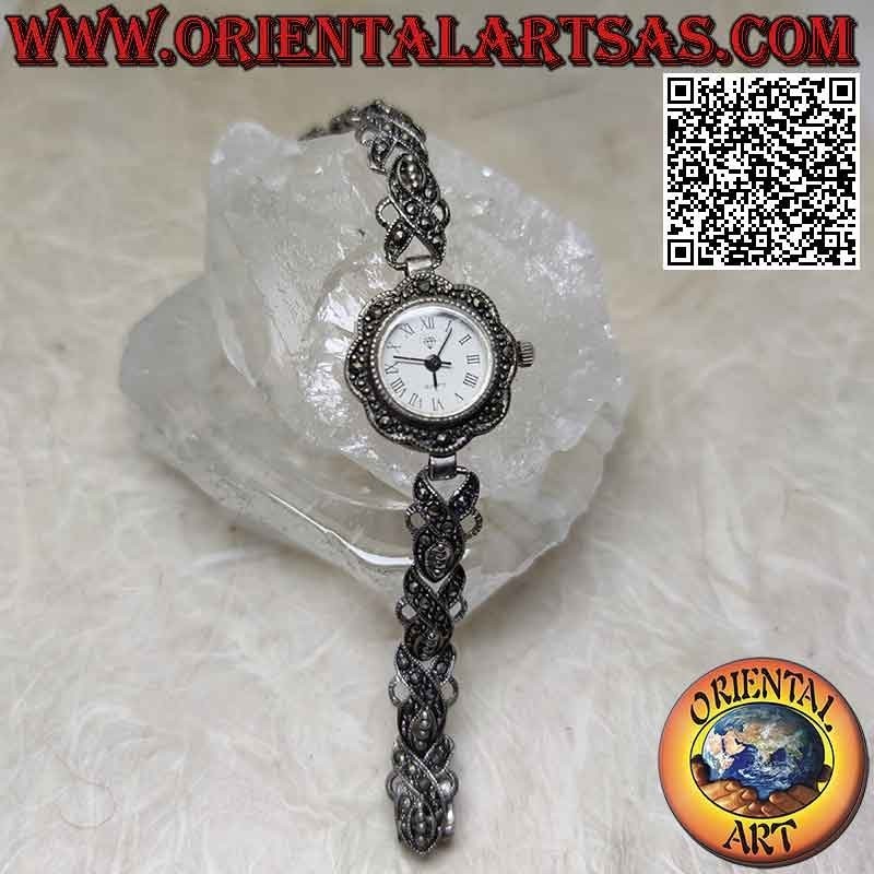 Reloj redondo de cuarzo en plata 925 ‰ con correa de línea entrelazada tachonada de marcasita