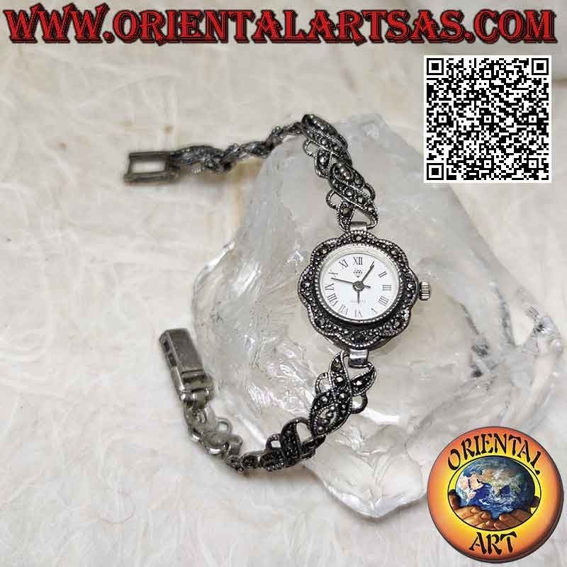 Reloj redondo de cuarzo en plata 925 ‰ con correa de línea entrelazada tachonada de marcasita