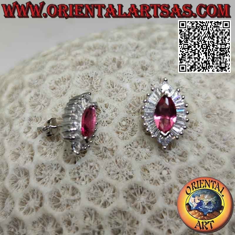 Silver earrings with synthetic ruby shuttle set surrounded by white zircons with baguette and round cuts