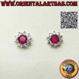 Silver earrings from lobe to flower with round synthetic ruby set surrounded by white zircons