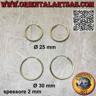 Boucles d'oreilles créoles lisses argent plaqué or épaisseur 2mm Ø 25mm et Ø 30mm