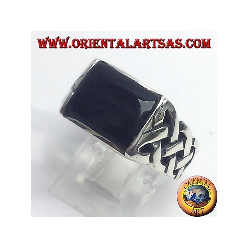 silver ring with onyx and Celtic knot pierced
