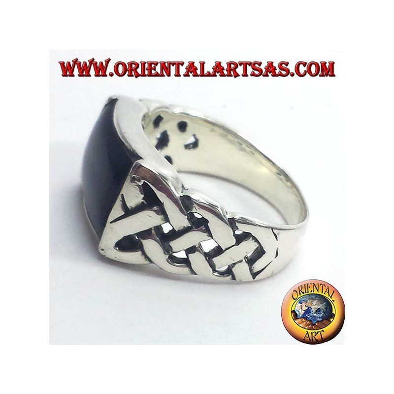 silver ring with onyx and Celtic knot pierced