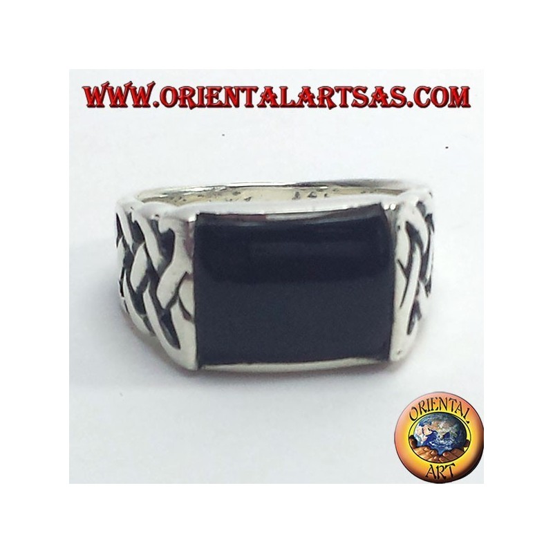 silver ring with onyx and Celtic knot pierced