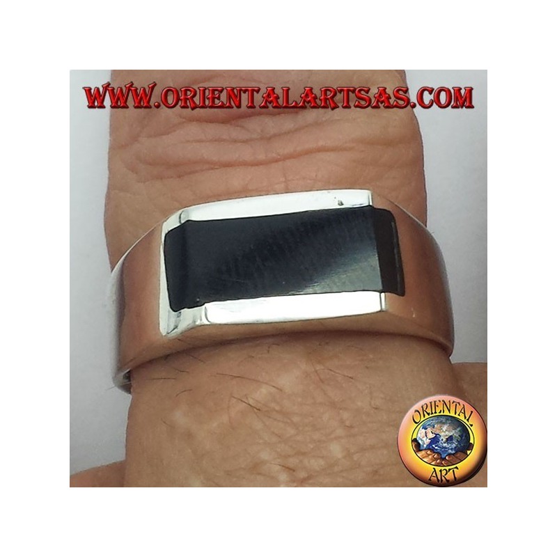 silver ring engraved lines, with Onyx rectangular