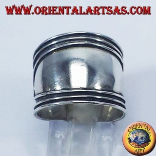 Silver wide band ring, Bali with stripes at the edges
