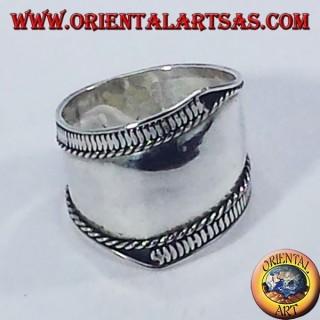 Silver wide band ring, Bali with asymmetrical lines