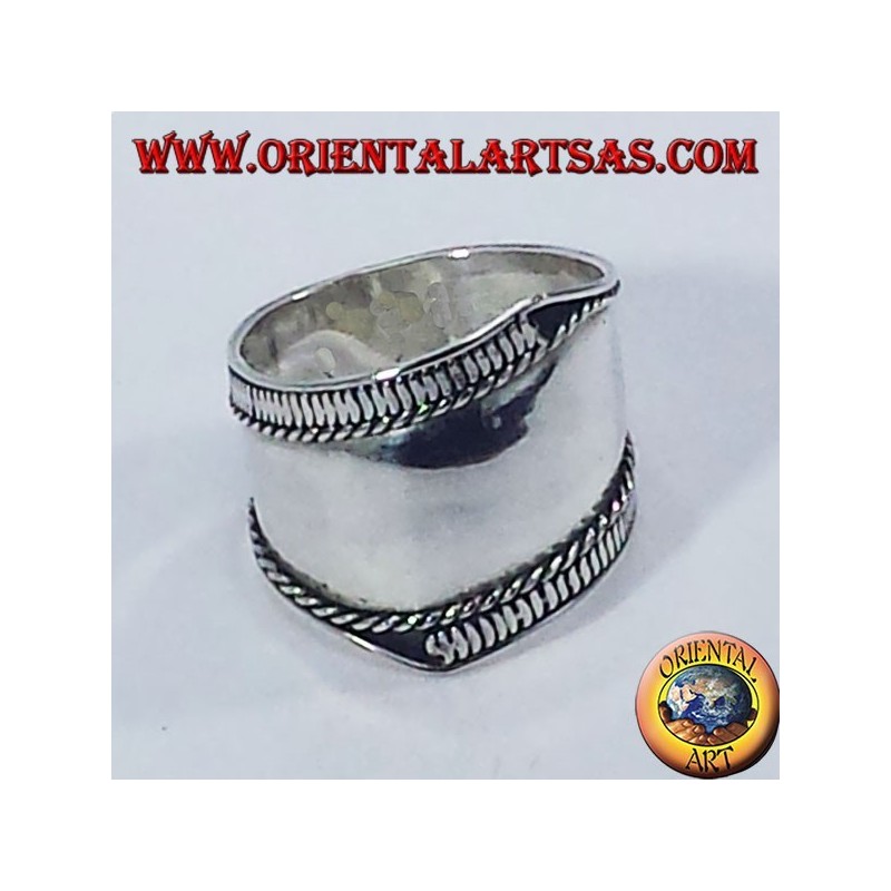 Silver wide band ring, Bali with asymmetrical lines