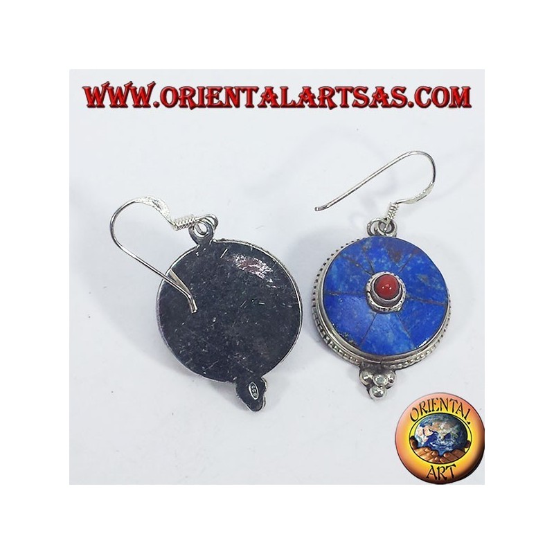 Boucles d'oreilles népalais en argent avec lapis et corail