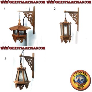 Plafonnier ou applique de style "Japon" en bois de teck et verre arabesque (1)