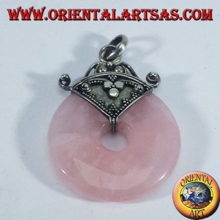 Colgante de plata con el buñuelo de cuarzo rosa de 30 mm.