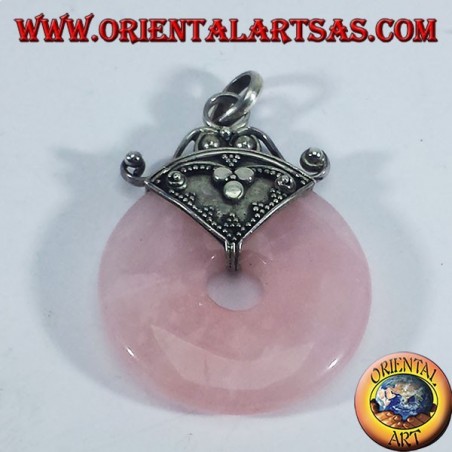 Ciondolo d'argento con ciambella in Quarzo rosa da 30 mm.