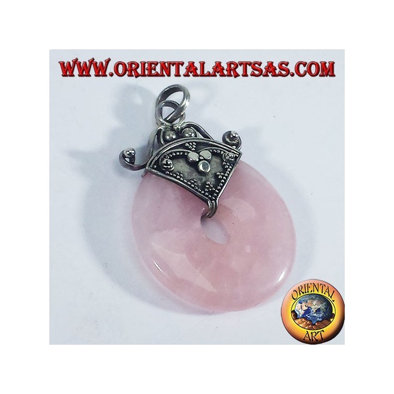 Silver Pendant with donut Rose Quartz 30 mm.