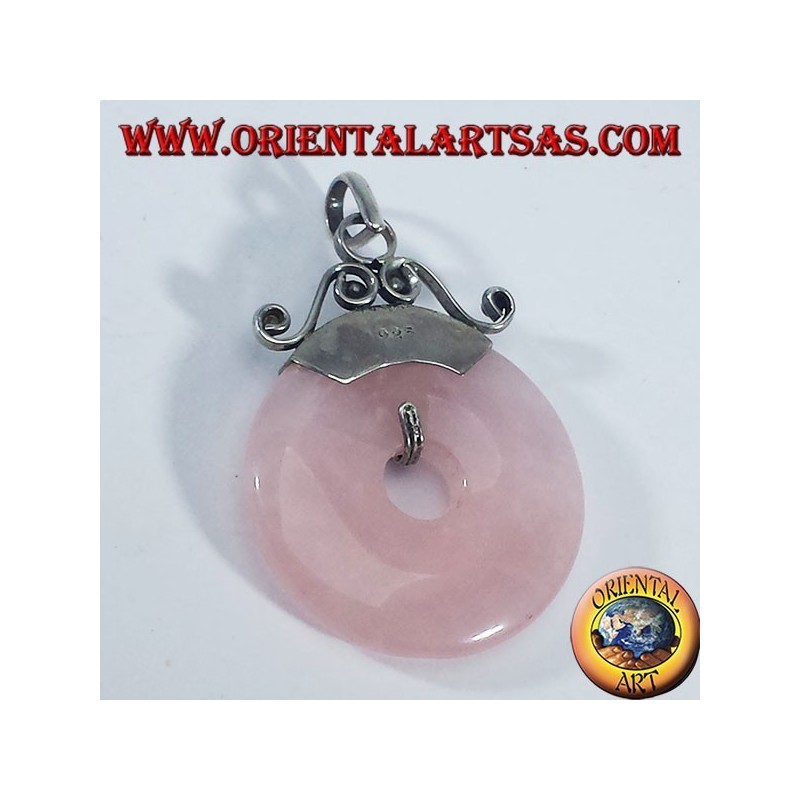 Ciondolo d'argento con ciambella in Quarzo rosa da 30 mm.