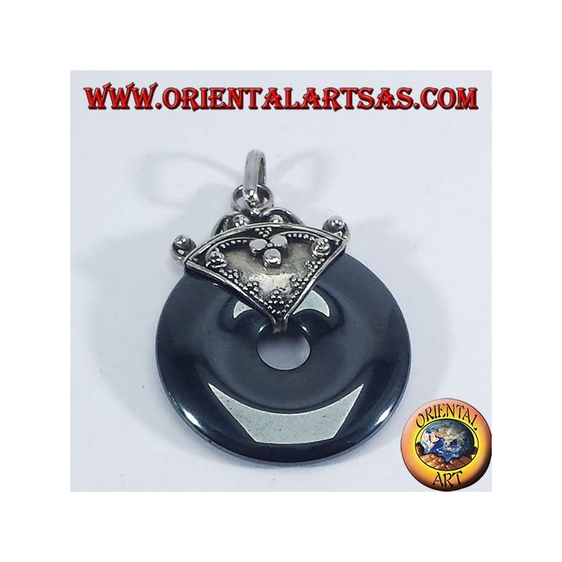 Silver Pendant with Hematite donut 30mm.