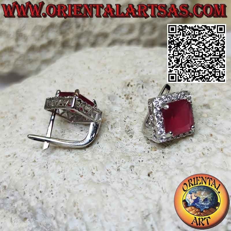 Silver earrings with rhomboid square synthetic ruby set surrounded by white zircons (lever)
