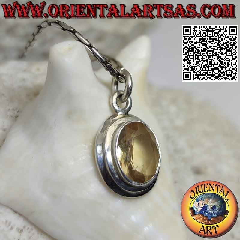 Pendentif en argent avec topaze jaune ovale naturelle sur monture simple avec bord incliné