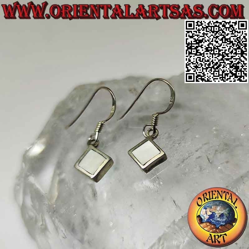 Silver leverback earrings with square rhomboid mother-of-pearl on a smooth setting