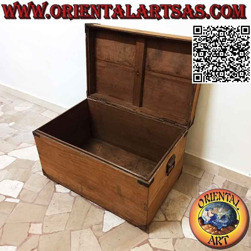 Cassapanca antica originale con angoli rinforzati in ottone in legno di teak da 70 cm