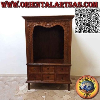Dispensa a 6 cassetti e piano aperto con cornice/fregio floreale inciso in legno antico di teak