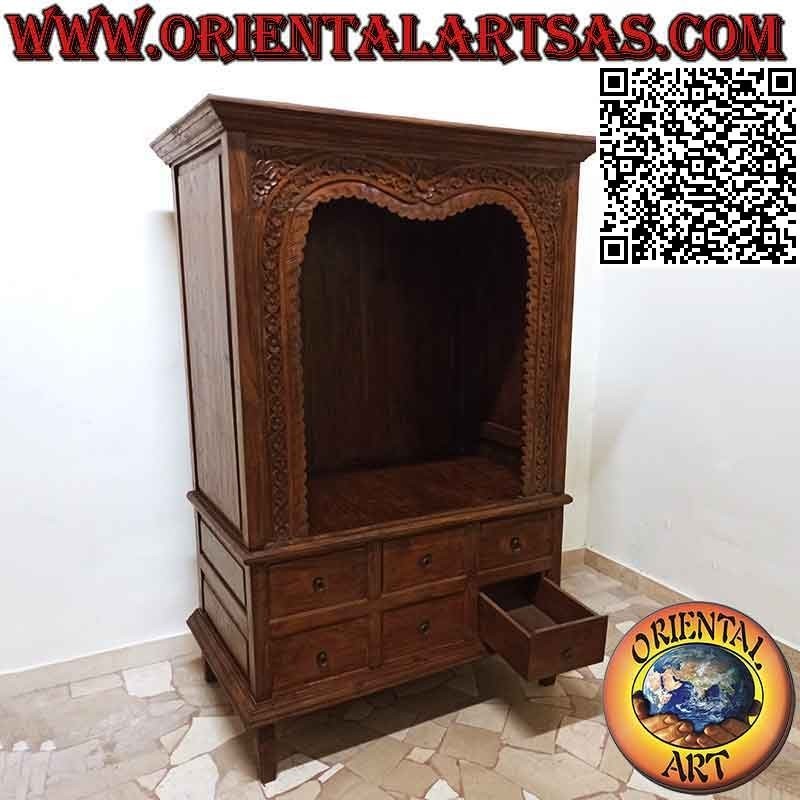 Despensa con 6 cajones y tapa abierta con marco / friso floral grabado en madera de teca envejecida