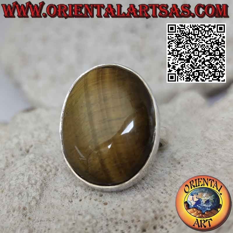 Anillo de plata con gran ojo de tigre ovalado con rayas oblicuas en engaste liso (ajustable)