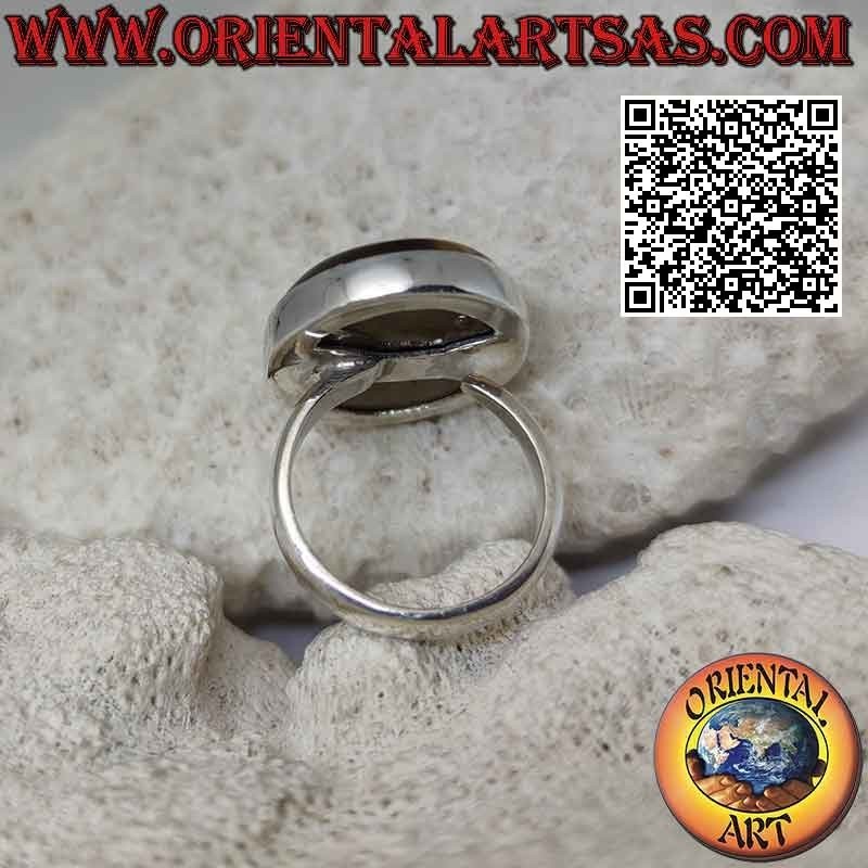 Silver ring with large oval tiger eye with oblique streaks on smooth setting (adjustable)