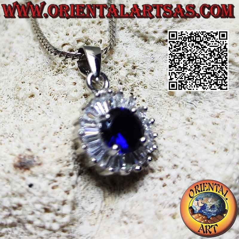 Silver pendant with round synthetic sapphire set surrounded by white baguette-cut zircons