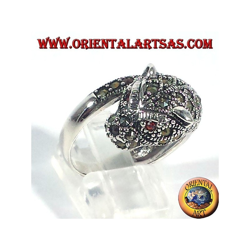 bague en argent, tigre avec marcassite et rubis yeux