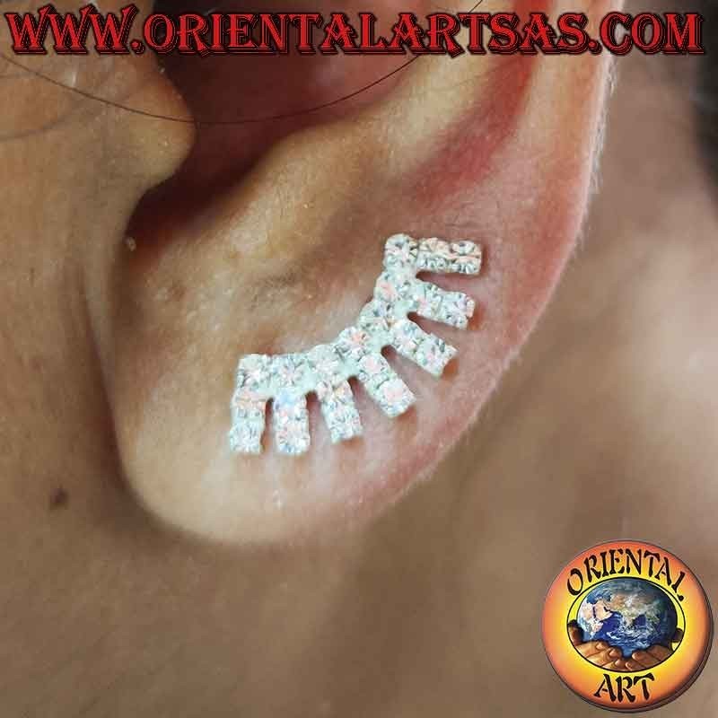 Climbing silver earring (climber) with rows of white zircons