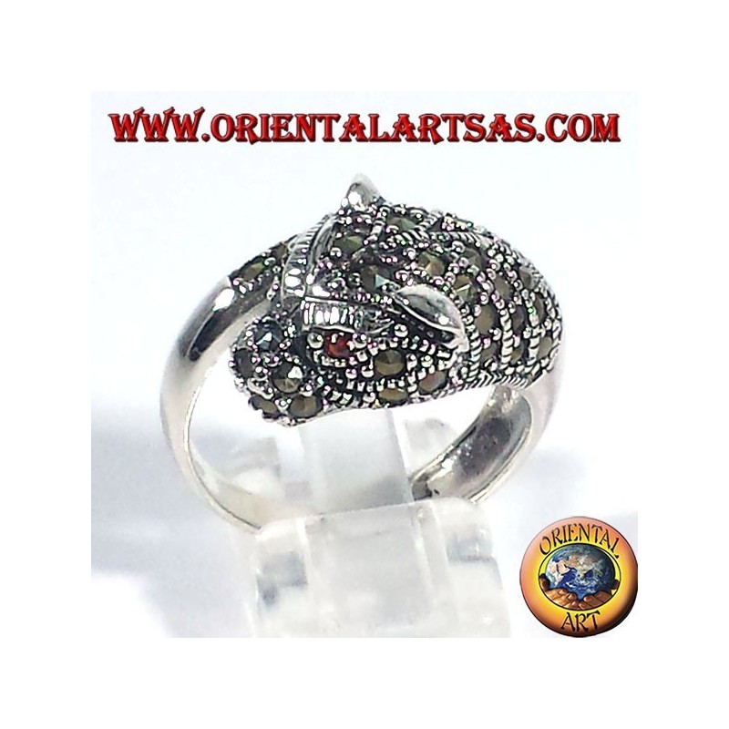 Anello d'argento Tigre con marcasite ed occhi di rubino