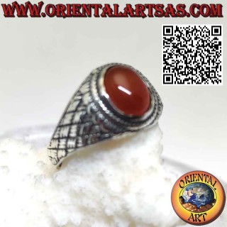 Silver ring with oval cabochon carnelian rhomboid weaving engraved on the sides